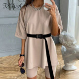 Summer 2020 Women Set O Neck Loose Short Sleeve Top Shirt And Biker Shorts Casual Two Piece Sets White Outfit Khaki