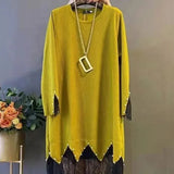 Winter New Fashion Midi Dress Casual Solid Color Lace Patchwork Commute Straight Korean Embroidered Flares O-Neck