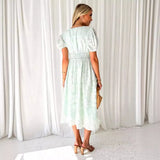 Dress Floral Lace Short-Sleeved High-Waist A-Shaped Flowing Party Mid-Dress