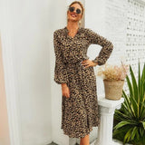 New Women Long Leopard Print Dress Women Elegent Full Sleeve V Neck Spring Summer Dress Female Mid Calf Dress Office