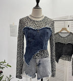 Shooting Fashion Leopard Tard Tard Babes Mesh Splicing Denim Irregular Bottom Shirt Short Top