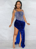 Sexy Sequins Straps Backless Irregular Slit Long
