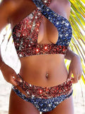 Flag Glitter Halter Hollow Out Bikini Set Women Push Up Swimwear Summer BeachWear Halter Bikini Bathing