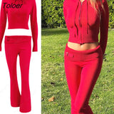 Women Spring Outfits Casual Zipper Sweater Hoodie Set High Waist Flare Pants Suits Pink Knitted Womens Y2k Two Piece
