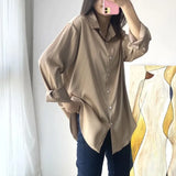Button Up Fashion Loose Women Long Sleeves White Shirts Lady Female Street Tops Satin Silk Shirt Vintage Blouse