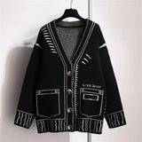 Painting Graffiti Sweater Women's New 2024 Autumn And Winter Black And White Loose Lazy Cardigan Coat Knitted Blouse-Outfit