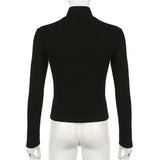 Women Black Patchwork Zipper Crop Tops Autumn Ribbed Basic Stand Collar Long Sleeve Slim Jacket Y2K Streetwear Shirts-Outfit