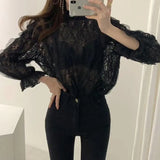 Style Stand Collar Lace Mesh Blouse Women New Long Sleeve Elegant Fashion Lady Solid Tops Sweet Clothing Blusas