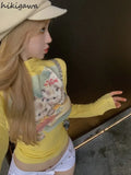 Tshirts Crop Tops Print Long Sleeve Tunic Tees Half High Collar Casual Chic Y2k T Shirt 2023 Ropa Mujer Shirts for Women-Outfit