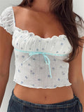 Retro Women Square Neck Ruched T-Shirts Short Sleeve Floral Print Slim Fit Crop Tops Front Tie-up Tees Clubwear 2024-Outfit