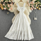 Women White/Yellow/Blue Hollow Out Party Long Dress Vintage Square Collar Spaghetti Strap Vestidos Female A-Line Robe Summer