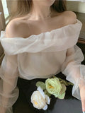 Sexy Backless Elegant Blouse Women 2022 Summer One Shoulder Sweet Retro Top Casual Long Sleeve Korean Style Female