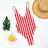 Sexy One Piece Swimsuit Women V-Neck Swimwear Female Striped Print Bodysuit Monokini Backless Bathing Suit Summer