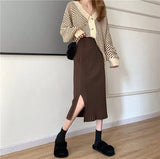 Fashion Autumn Winter Knitted Back Split Long Pleated Skirt Women Japan Style Black Mid-Length High Waist Skirt