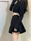 Temperament Skirt Outfits Chic Korean 2 Piece Set Women's Clothing Tunic Long Sleeve Diamond Crop Coat Bodycon Mini Skirts