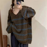 Breeze Loose V-Collar Head Striped Sweater Autumn And Winter Retro Temperament Medium-Long Style Sweater Sweater-Outfit