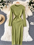 Women Autumn Knitted Dress Long Sleeve O Neck Elastic Slim Pencil Dress Korean Style Sexy Bodycon Sweater