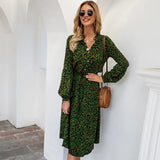 New Women Long Leopard Print Dress Women Elegent Full Sleeve V Neck Spring Summer Dress Female Mid Calf Dress Office