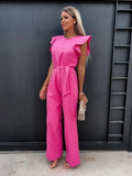 Women's Jumpsuits Casual O-neck Ruffles Belt Ladies Wide Leg Playsuits Elegant Rose Red Overalls Monos Verano 2023