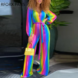 Women Elegant Rainbow Pattern with Belt Straight Deep V Neck Jumpsuit Sexy Jumpsuit-Outfit