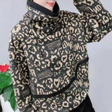 Women's Clothing Streetwear Leopard Stylish Letter Printed Patchwork Thick Warm Turtleneck Pullovers Autumn Winter Loose Tops-Outfit