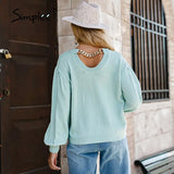 Backless chain long lantern sleeve sweater women Office lady o-neck pullover autumn Casual female short knitteD