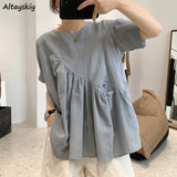 Women O-neck Short Sleeve Pockets Asymmetrical Loose Solid Simple All-match Korean Style Daily Ladies A-line Female