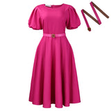 Women's 2025 Summer Fashion Bubble Sleeve Elegant High- Waist Solid Colored Round Dress African