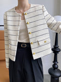 Women's Striped Flap Detailed Gold Button White Tweed Short