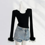 Toloer Thousand Years Royal Sister Wind Black Hot Jacket Early Spring U Collar Slim Thin Feathers Long Sleeve Bottom
