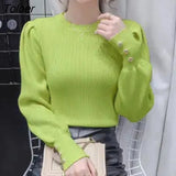 Elegant Puff Sleeve Sweaters Women Autumn Winter Metal Buttons Knitted Pullovers Woman 2023 Solid Color Women's