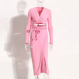Solid Two Piece Set Womens V Neck Long Sleeve Tops High Waist Midi Skirts Solid Slim Sets Female Clothes Spring