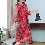New Casual Half Sleeve Midi Dress Vintage Printed Women's Clothing Ruffles Spliced Stylish Drawstring Loose Gauze