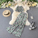 Bohemian Floral Two Piece Set Women Sexy Slash Neck Spaghetti Strap Short Tops + High Waist Wide Leg Pants Pleated 2pcs Suit