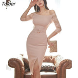 Women Evening Midi Dress Lady Formal Retro Sexy Sheer Slash Neck Bodycon Slim Slit Party Club Robe Femme Mujer