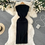 Spring Summer Dress Knitted Solid O Neck Sexy Bodycon Midi Dresses for Women Stretch Vestidos