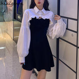 Women Clothing Sets Lantern Sleeve Short Loose Shirts with Black Solid 2023 Korean Fashion Women's Dress Two Piece Suit-Outfit