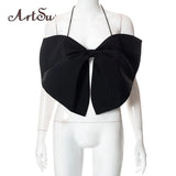 Black Bow Crop Tops Sexy Outfits for Woman Night Club Open Back Halter Top French Vintage Tanks Camis 2022