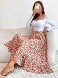Printed Modest High Waist Elastic Waist Print Midi A-Line