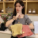 Women Summer Chic Plaid Novelty Korean Style Hem Ruffles Button Classic Slim Tunic Top Short Holiday Student Kawaii