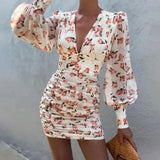 ArtsuWomen Sexy Deep V Neck Floral Print Dresses Long Lantern Sleeve Ruched Dress Elegant Female Bodycon Party Dress