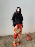 Folded Large Flower Print Half Skirt Summer Skirt Long Design Sense Niche High-Waist Print Half-Body