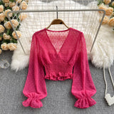 Autumn Fashion Korean Women Blouse Long Sleeve V Neck Elastic Ruched Slim Tops Elegant Streetwear Short