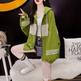 Female Casual Fahsion Striped Spliced Zipper Cardigan Loose All-match Thin Long Sleeve Hooded Jackets Women's