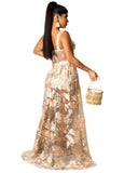 Sexy Beige Floral Wide Strap Top and Maxi Skirt