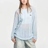 Loose Lazy Wind Hollowed Out To Put On The New Summer Blue Small, Fresh And Thin Sunscreen Knitted Blouse-Outfit