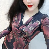 Folds Floral Printed Pullovers Sexy Slim 2023 Spring Autumn Long Sleeve Women's Clothing Commute Elegant V-Neck T-shirt-Outfit