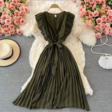 Summer Women Green/Red/Beige Pleated Midi Dress Vintage V-Neck Draped Party Robe Female Elegant Casual Vestidos New Fashion