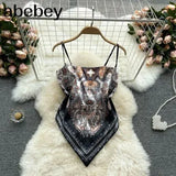 Treny Print Top Women's Sexy Backless Strap Camis Scarf Tie Crop Top Beach Holidays Sexy All-matching Summer