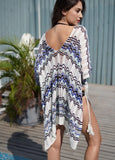 Vacation Blue Stripes V Neck Loose Crochet Knitted Beach